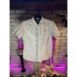 Level Ten Mens Couture Short Sleeve Button Down Shirt White Floral Print Small